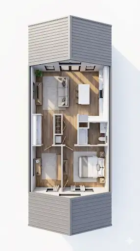 3D floor plan layout of a 1000 sq ft barndominium