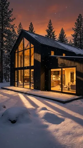 Luxury matte black barndominium exterior in snowy forest