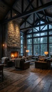 High ceiling barndominium living room with black beams