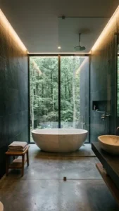 Luxury bathroom with freestanding tub and forest view
