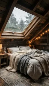 Cozy loft bedroom with skylight window