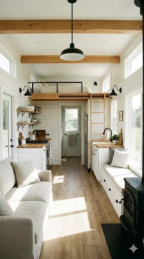 Small kitchen connecting to living room with smart storage