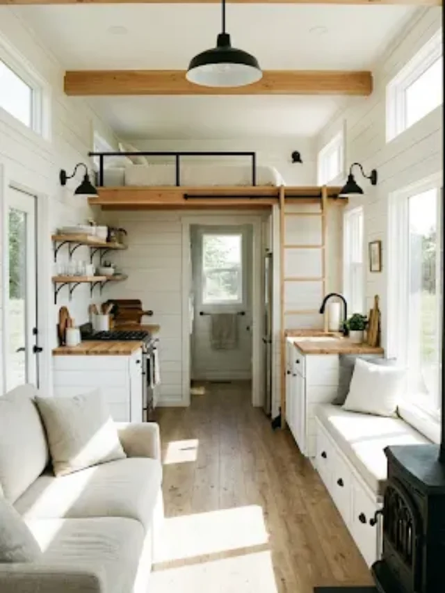 Small kitchen connecting to living room with smart storage