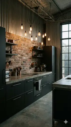Moody industrial kitchen with matte black cabinets and exposed brick wall.