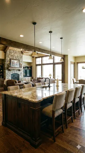Massive granite kitchen island with bar stool seating for 6 people.