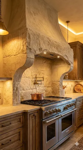 Luxury kitchen featuring a massive stone range hood over the stove.