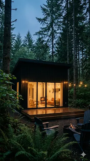 Small matte black barndominium cabin in the woods