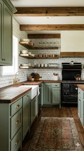 Sage green shaker cabinets with butcher block countertops in a rustic kitchen.