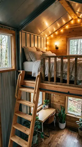 Cozy sleeping loft in a tiny metal home with ladder