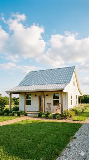 Small white modern farmhouse barndominium with front porch