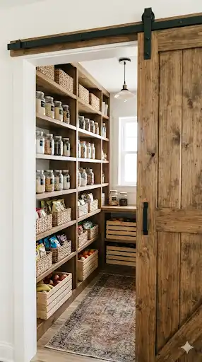 Organized walk-in pantry hidden behind a sliding wooden barn door.