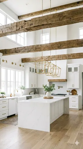 Bright white kitchen with high ceilings and exposed wooden beams.