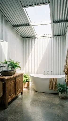 Bright barndominium bathroom with skylight and natural light.