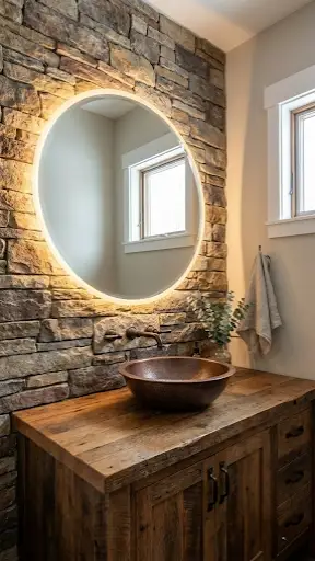 Natural stone accent wall in a luxury farmhouse bathroom with round mirror.
