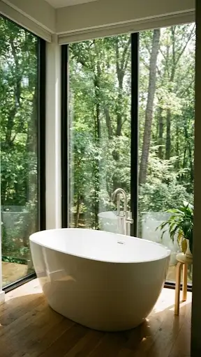 Freestanding white bathtub next to a large floor-to-ceiling window with forest view.
