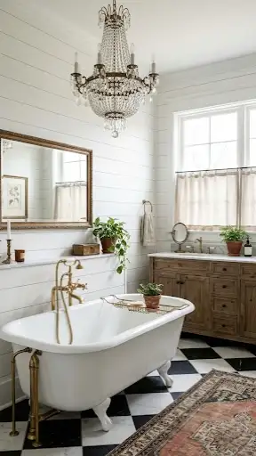 Elegant bathroom with crystal chandelier over a clawfoot tub.