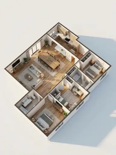 3D floor plan layout for a 3 bedroom family barndominium.