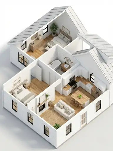 3D isometric floor plan view of a small 2 bedroom barndominium layout.
