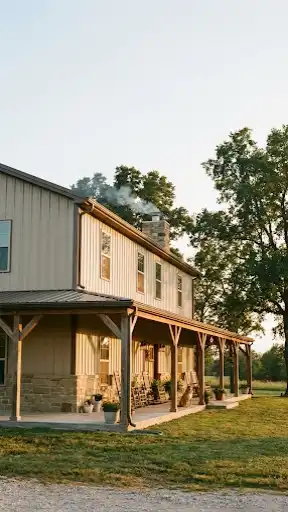 Beige family barndominium with stone skirt and wraparound porch.