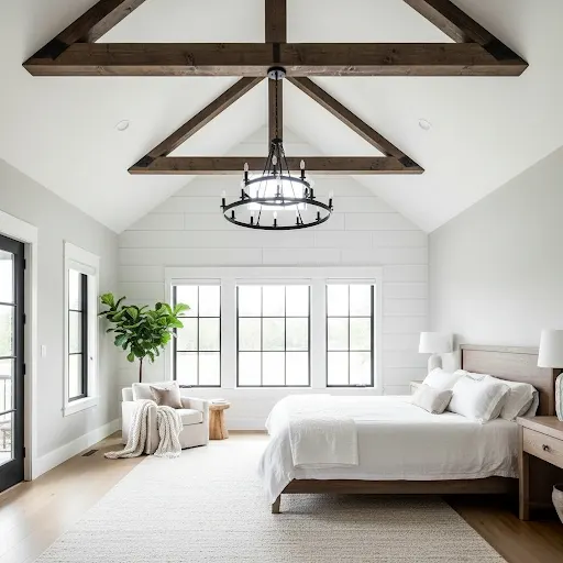 Master bedroom with high vaulted white ceiling and dark wood beams.