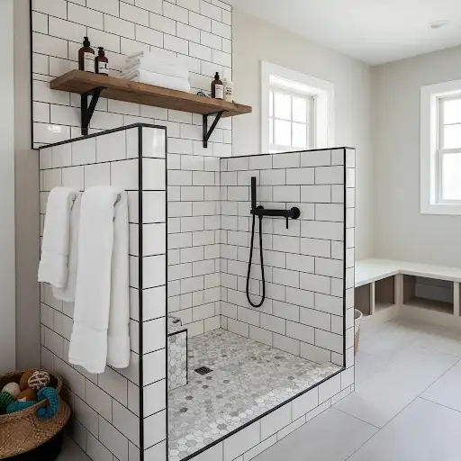 Combined laundry and mudroom with barn door and large farmhouse sink.