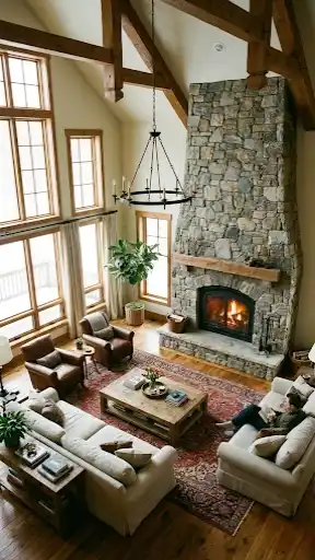 Aerial view of large great room layout with furniture placement.