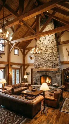 High vaulted ceiling living room with exposed timber trusses.