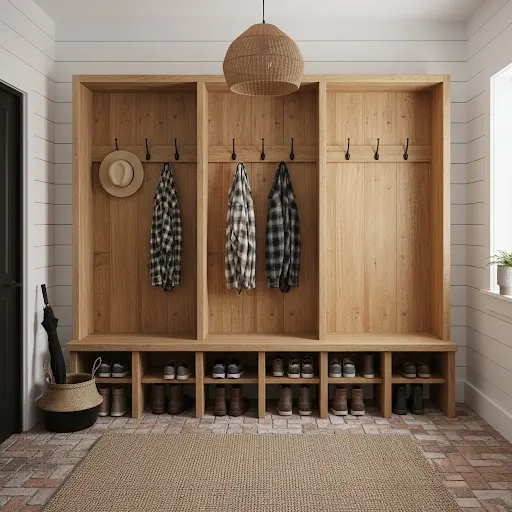 Farmhouse mudroom entry with built-in white lockers and wooden bench.