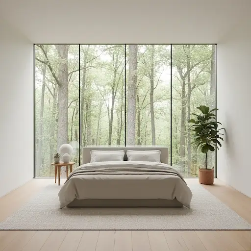 Minimalist bedroom with massive window overlooking a forest view.