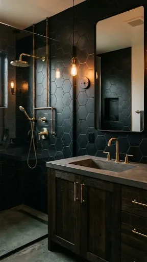 Moody industrial bathroom with black tiles and gold faucets.