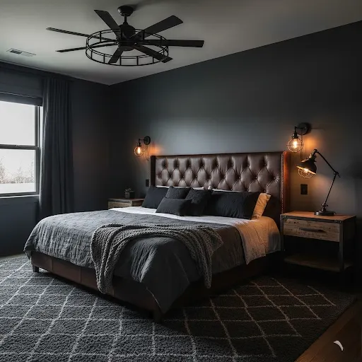 Modern bedroom with dark grey walls, leather headboard, and industrial lighting.