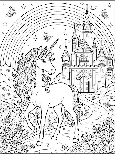 Fröhliches springendes Einhorn spielt auf der Wiese Malvorlage.