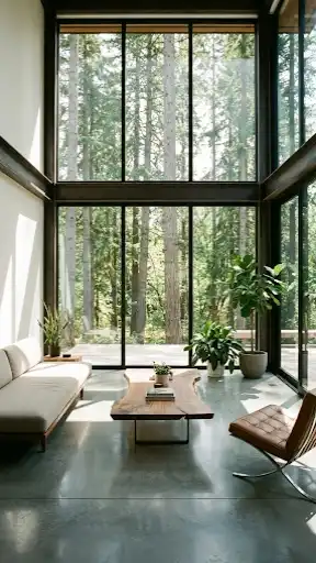 Modern barndominium living room with massive glass wall and forest view.