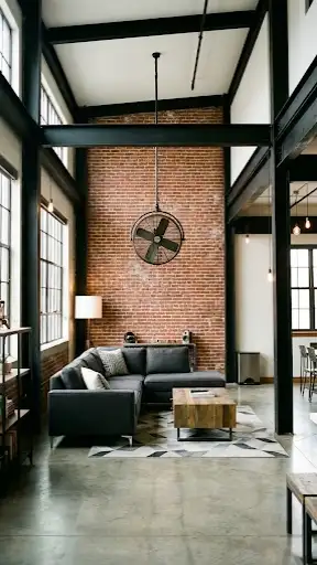 Industrial living room with black steel beams and brick wall.