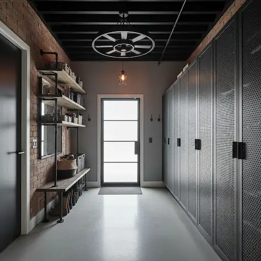 Modern industrial mudroom with concrete floors and metal storage shelves.