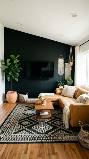 Modern living room design with matte black feature wall.