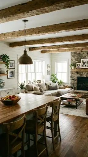 Open concept floor plan showing kitchen island looking into living room.