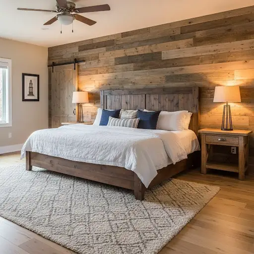 Rustic farmhouse bedroom featuring a reclaimed wood accent wall behind the bed.