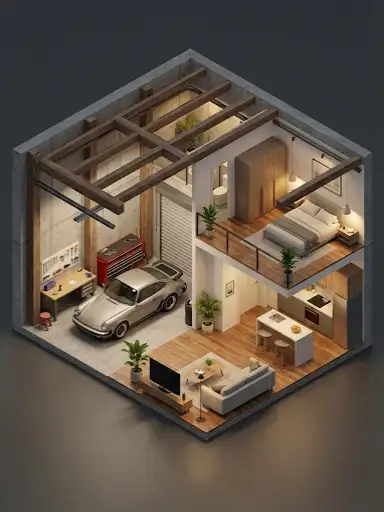 3D cutaway plan showing a large garage workshop connected to a small apartment.