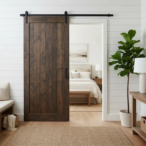 Cozy luxury bedroom with a stone fireplace and lit fire.