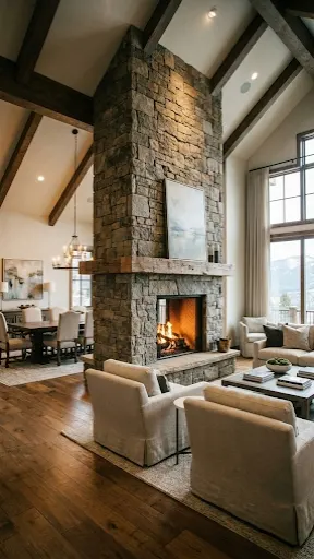 Double sided stone fireplace separating dining and living room.