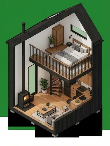 3D view of a tiny cabin layout featuring a loft bedroom upstairs.