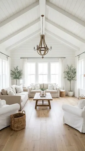 All white modern farmhouse living room with shiplap walls.
