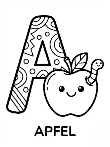 Ausmalbild Buchstabe A mit Apfel für Kindergarten.
