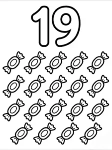 Zahl 19 lernen mit einfachen Formen – kostenloses Ausmalbild.