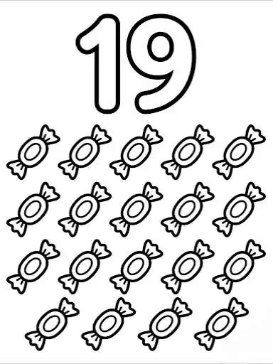 Zahl 19 lernen mit einfachen Formen – kostenloses Ausmalbild.