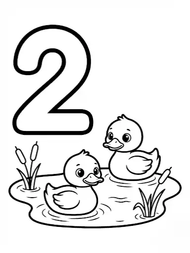 Malvorlage Zahl 2 mit Fischen zum Zählen lernen.