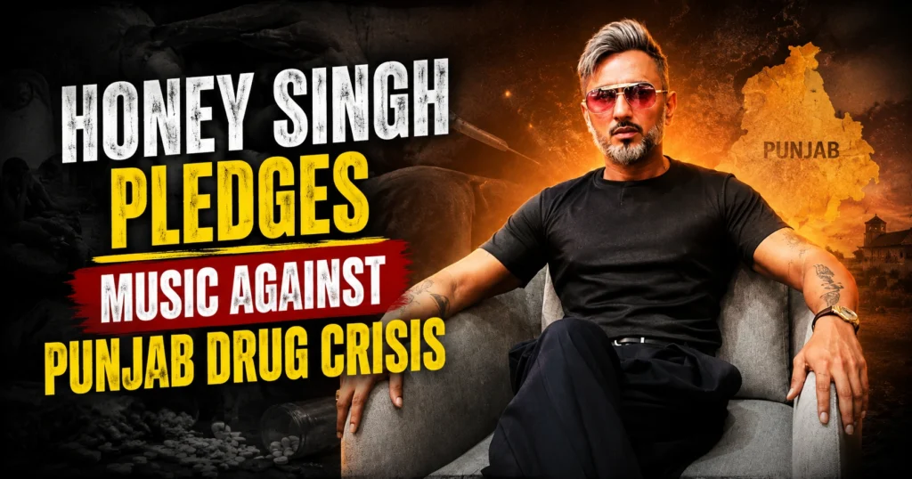 Honey Singh sitting on chair with headline “Honey Singh Pledges Music Against Punjab Drug Crisis” in dramatic news-style blog thumbnail.