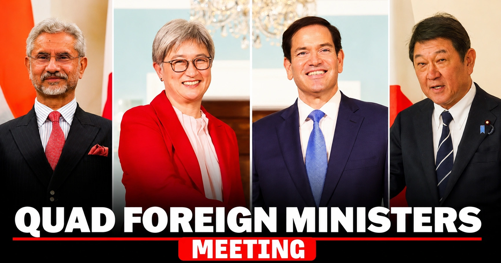 Quad Foreign Ministers Meeting featuring diplomats from India, Australia, the United States, and Japan during an international strategic summit discussion.