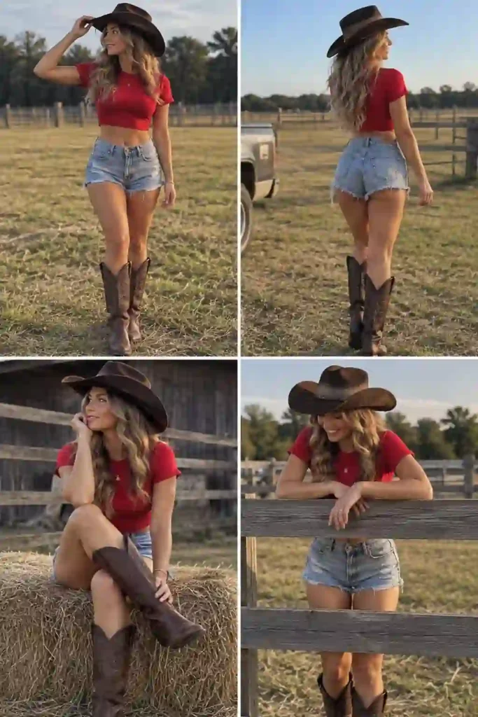 Western Outfits for Women with Summer Shorts: How to Style Shorts and Boots 1 Three summer western shorts outfits for women: denim cutoffs with a tucked tank and tall boots, tailored shorts with ankle boots, and distressed shorts with a plaid shirt tied at the waist